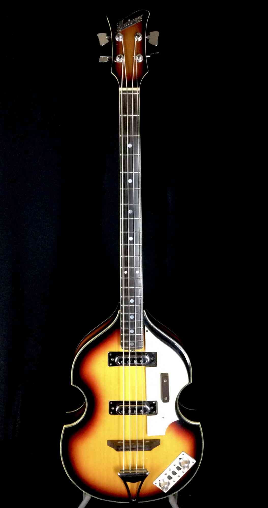 Front view of Univox Violin Bass 1970's Sunburst